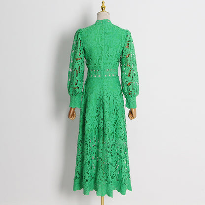 Palace Machine Embroidery Hollow Out Cutout out Large Swing Autumn Puff Sleeve Dress for Women