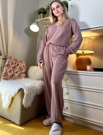 Pyjama d'automne et d'hiver pour femme, vêtement d'intérieur, pantalon à manches longues, côtelé et pelucheux, vêtements de détente chauds pour femme