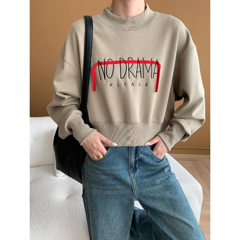 Loose Ribbon Letter Graphic Crew Neck Drop Shoulder Hoodie Short Early Autumn