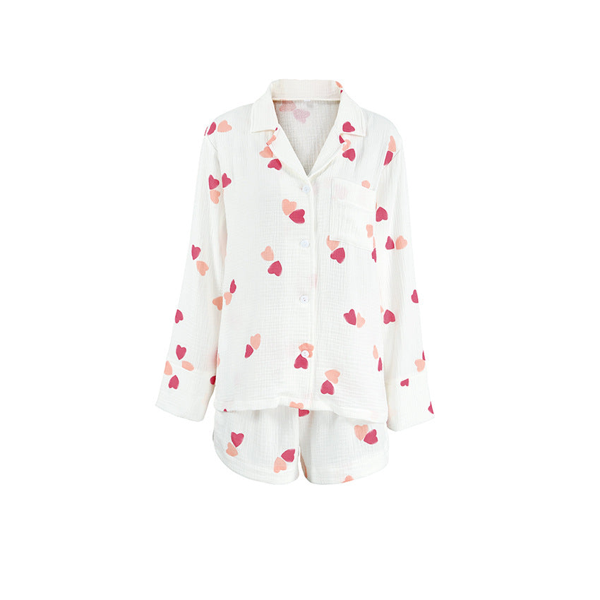 Pyjama en coton crêpe doux à imprimé cœur pour femme, ensemble short à manches longues, vêtements de détente d'été