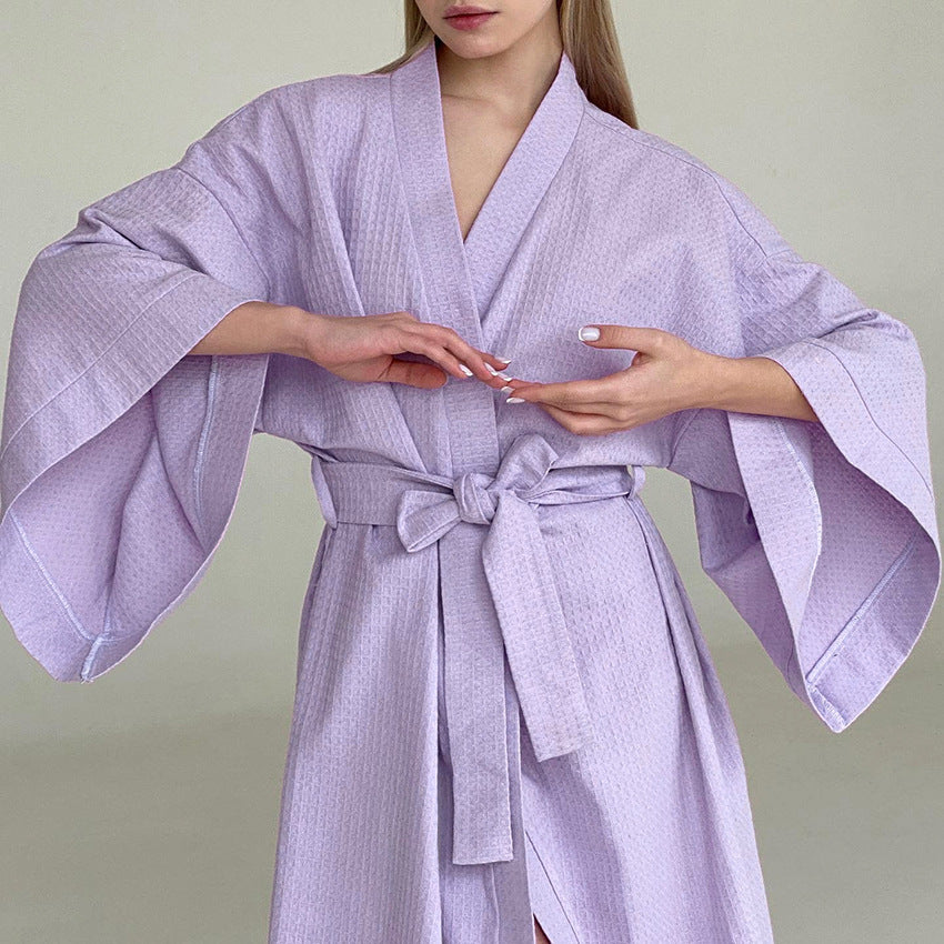 Autumn Light Luxury Waffle Loose Long Robe Hotel Bathrobe French Purple Women Homewear