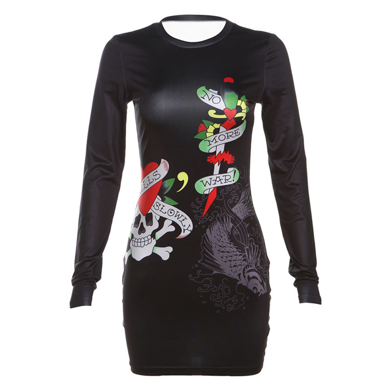 Spring Summer Women Clothing Trendy Unique Skull Print round Neck Long Sleeved Dress