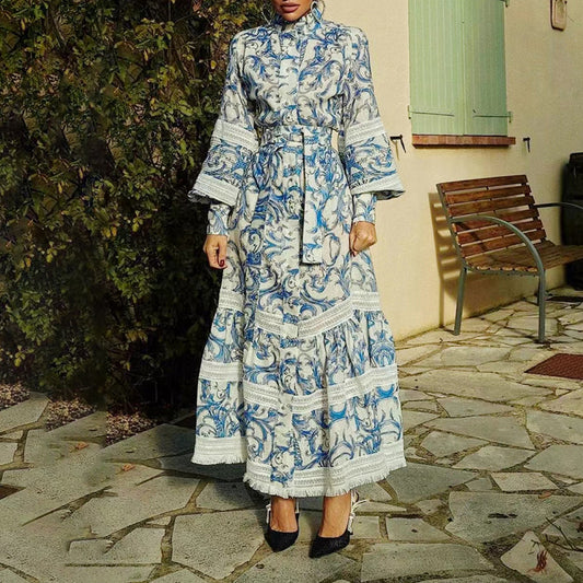 Französisches Retro-Kleid in Blau mit Aufdruck, Frühling, Stehkragen, lange Ärmel, Schnürung an der Taille, schlankmachendes Maxikleid für Damen