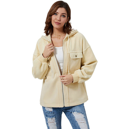 Veste ample à fermeture éclair de couleur unie pour femme, manteau décontracté à manches longues avec cordon de serrage et poche, début d'automne