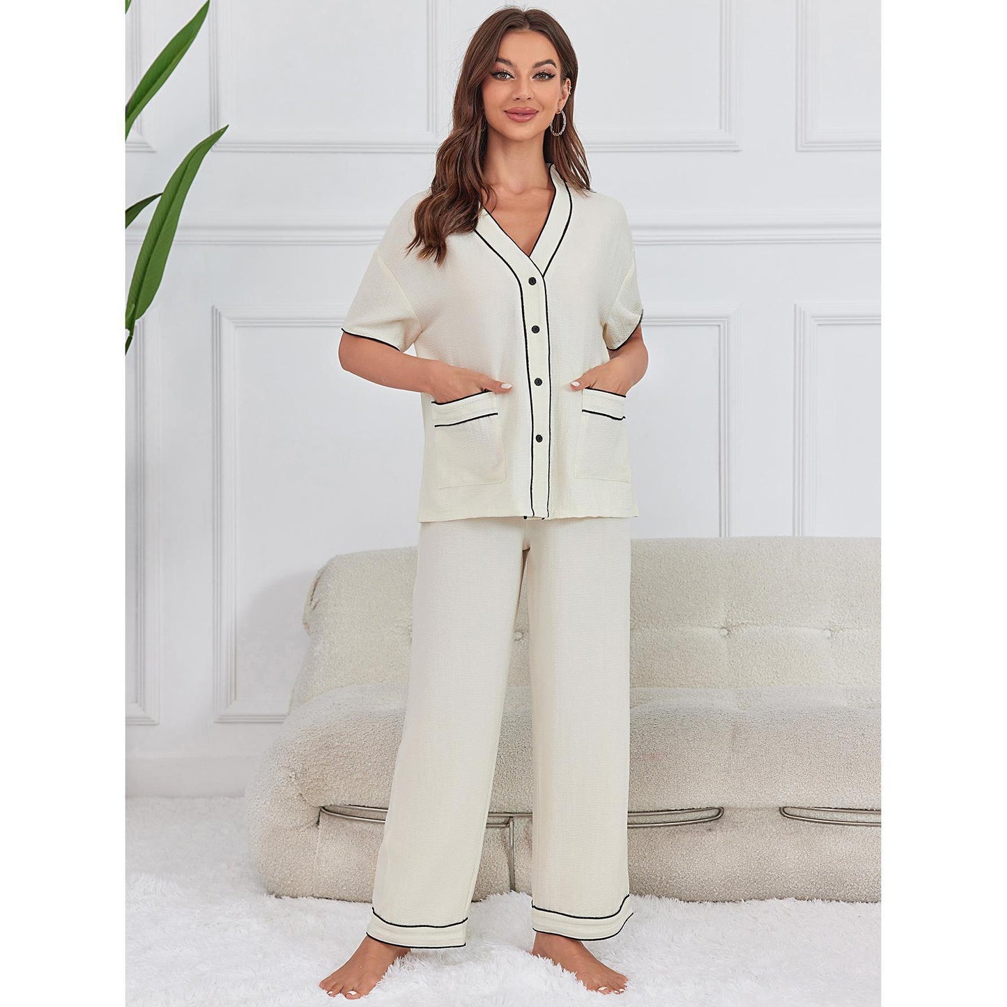 Pajamas Women Spring Summer Bubble Crepe Thin Short Sleeved Trousers Home Wear Set