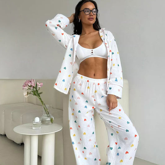 Farbige, langärmlige Hose mit Aufdruck „Lovely Heart“ – weiche, hautfreundliche, zweiteilige Homewear für Damen, die man draußen tragen kann