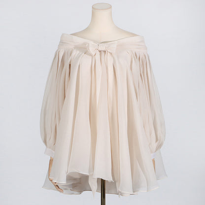 Robe tutu en tulle à manches longues et col rond pour femme, douce et fraîche, avec nœud papillon et lacets, manches lanternes