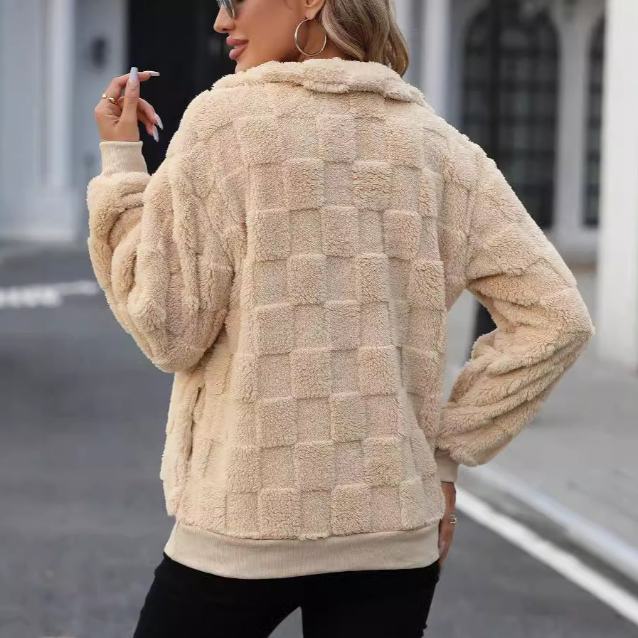 Pull ample en peluche à carreaux avec col montant et demi-zip pour femme, vêtement d'automne et d'hiver en velours Flash