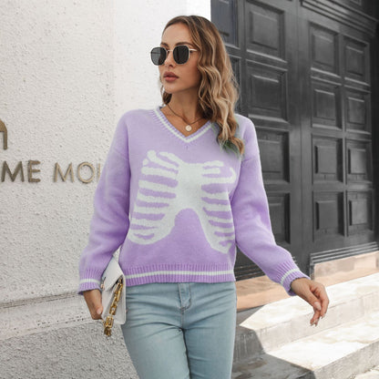 Skull Jacquard V neck Sweater Women Loose Autumn Winter Long Sleeve Knitwear Sweater