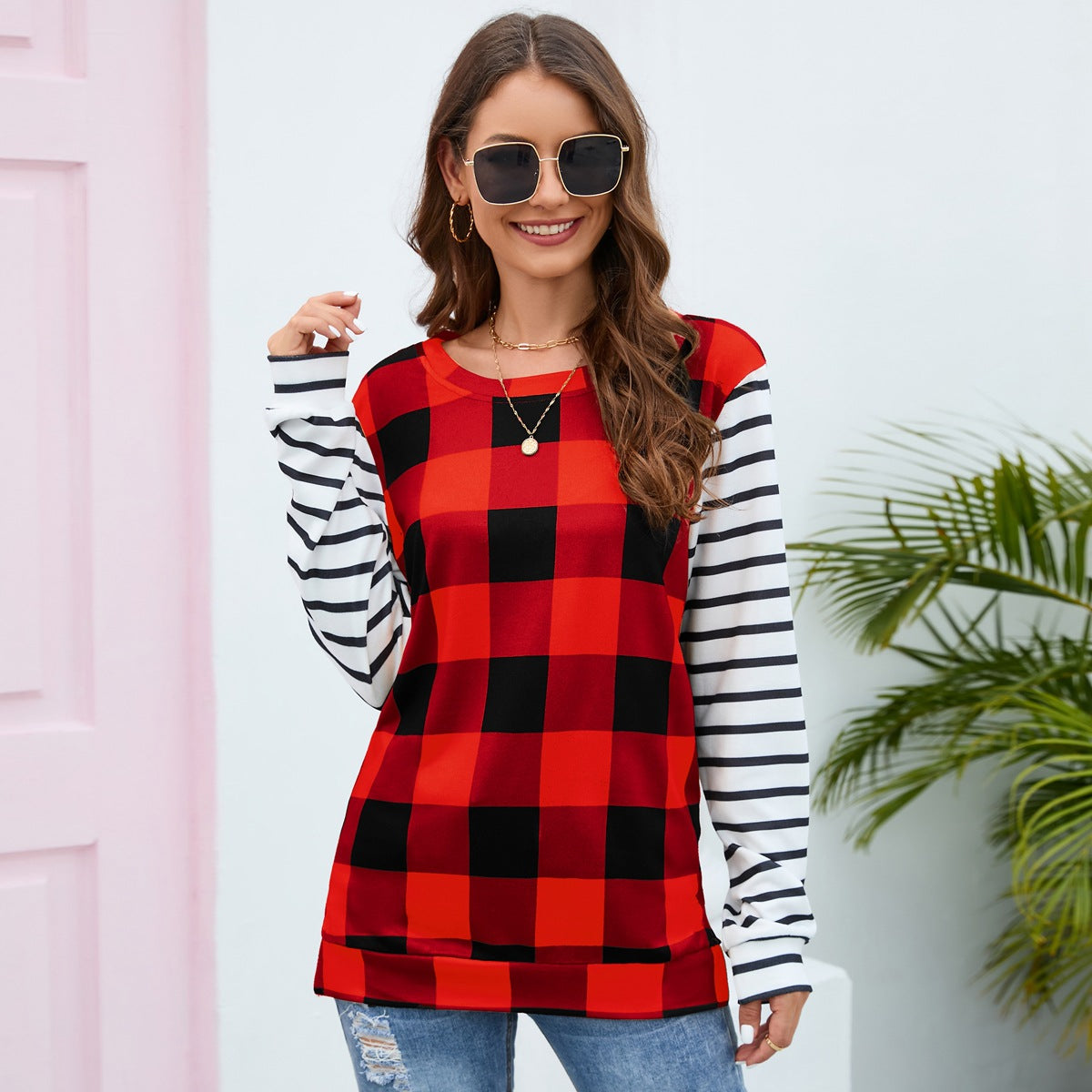 Plaid Long-Sleeved Sweater round Neck Striped Sweater Plush