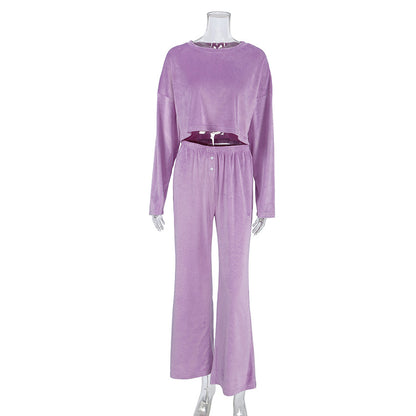 Pyjama en velours violet chaud à manches longues pour femme, pantalon doux en tricot, vêtements de maison