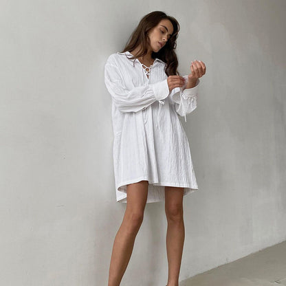 Autumn Cotton Nightdress Solid Color Simple Casual Comfortable Crepe Home Wear Women