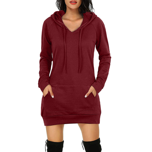 Robe mi-longue à capuche pour femme, vêtement d'automne, manches longues, couleur unie, poche, sweat à capuche ample