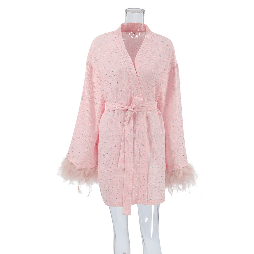 Pyjama d'automne en coton rose chaud avec strass et manches longues et coutures en plumes, chemise de nuit décontractée pour femme