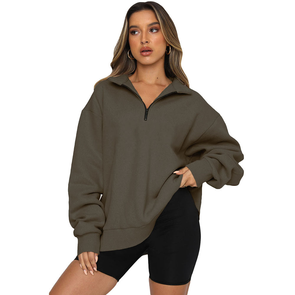 Zipper Collared Size Independent Stand Foreign Trade Ladies Solid Color Loose Versatile Top Sweatshirt