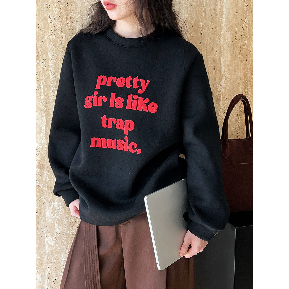 Loose Sweater Women Fleece Lined Thickened Autumn Winter Lazy Letter Graphic Printing round Neck Pullover Top