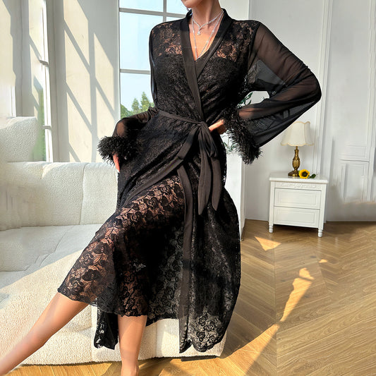 Lace Sexy See through Sexy Halter Skirt Set Long Outerwear Gown Homewear