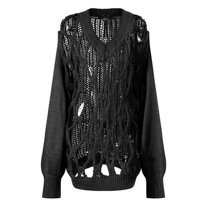 Pull ample à manches lanternes pour femme, modèle tendance automne-hiver, col en V, maille tissée, ajourée, découpe