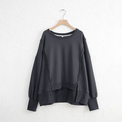 Niche Design Patchwork Sweater Spring Loose Terry Hem Irregular Asymmetric Top Women