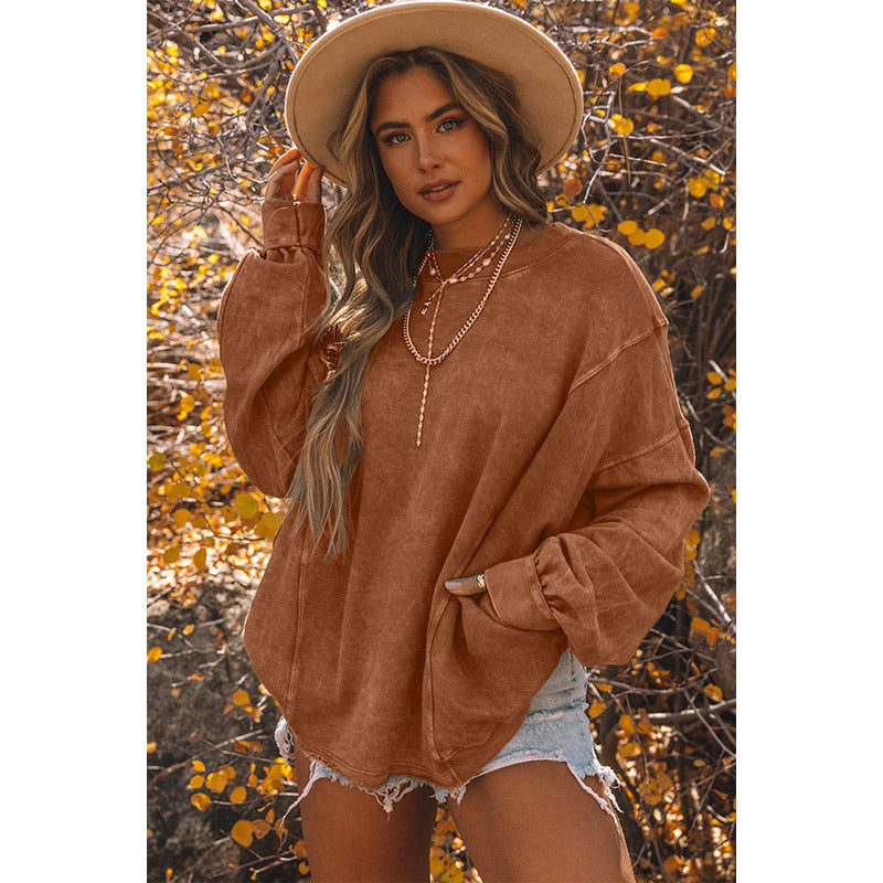 Pull ample de couleur unie pour femme, pull simple, col rond, manches longues, automne