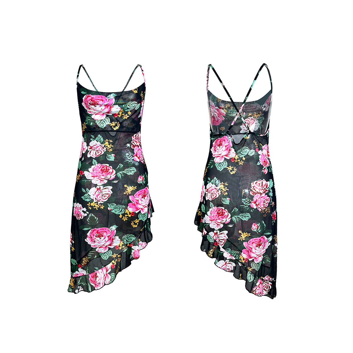 Mesh Floral Print Swing Collar Tube Top Irregular Asymmetric Ruffled Suspender Dress Home Wear