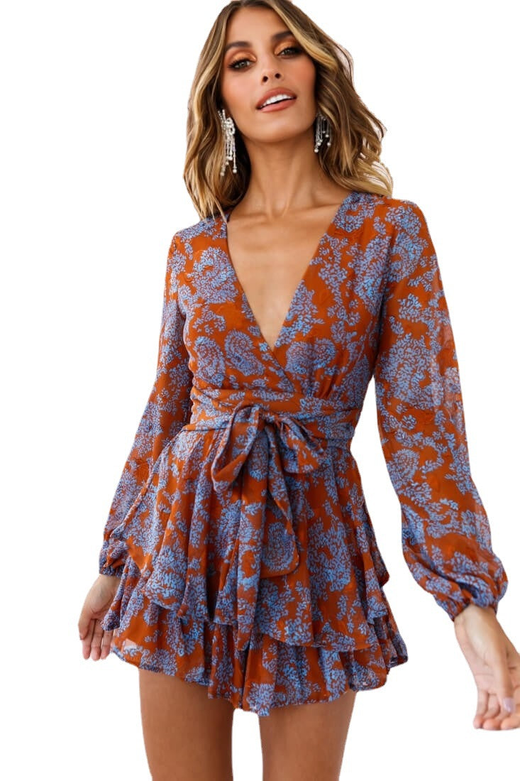 New Floral Digital Women Printed Wear V-neck Long-Sleeved Summer Pantskirt Romper