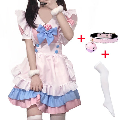 4 styles Anime Maid Lolita Cosplay Costume Robe rose Griffe de chat Maid Bow Cloche Collier et bas blancs