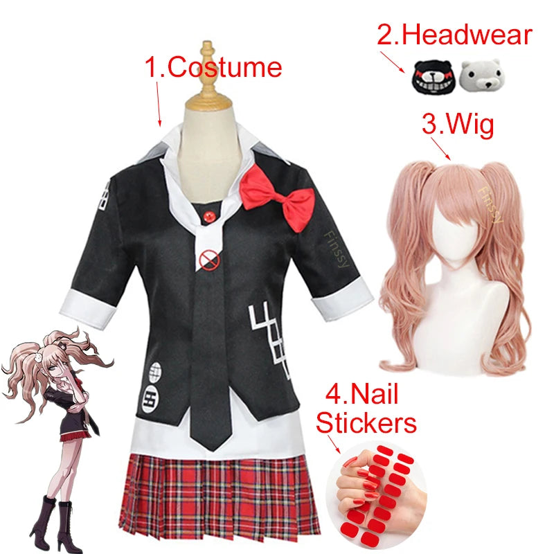 Anime Danganronpa Cosplay Kostüm Enoshima Junko Uniform Cafe Arbeitskleidung Kurzer Rock Doppelschwanz Zopfperücke