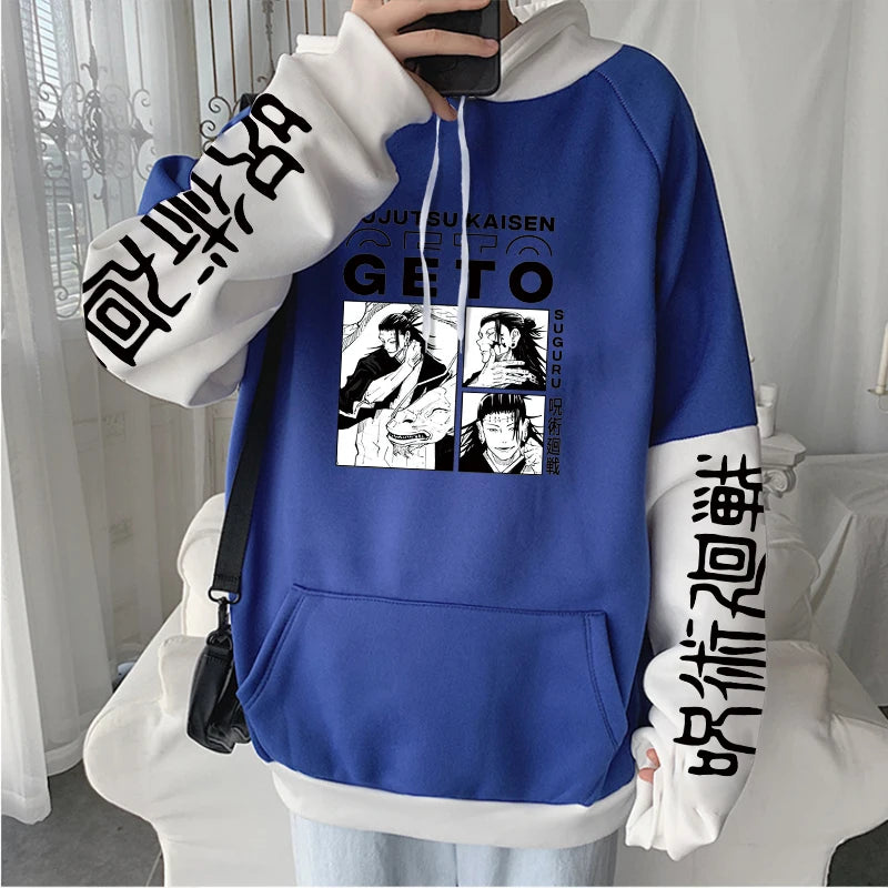 Japanischer Manga Jujutsu Kaisen Geto Suguru Anime Hoodie Kleidung Langarm Oversize Patchwork Sweatshirt Harajuku Streetwear