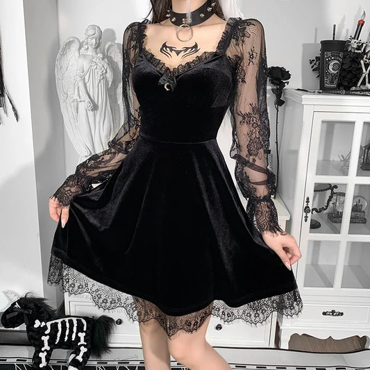 E-girlGrunge Gothique Mini Robe Noire Dentelle Bordure Taille Haute Robe Moulante Y2K Femmes Années 90 Vintage Punk Harajuku Lolita Vêtements