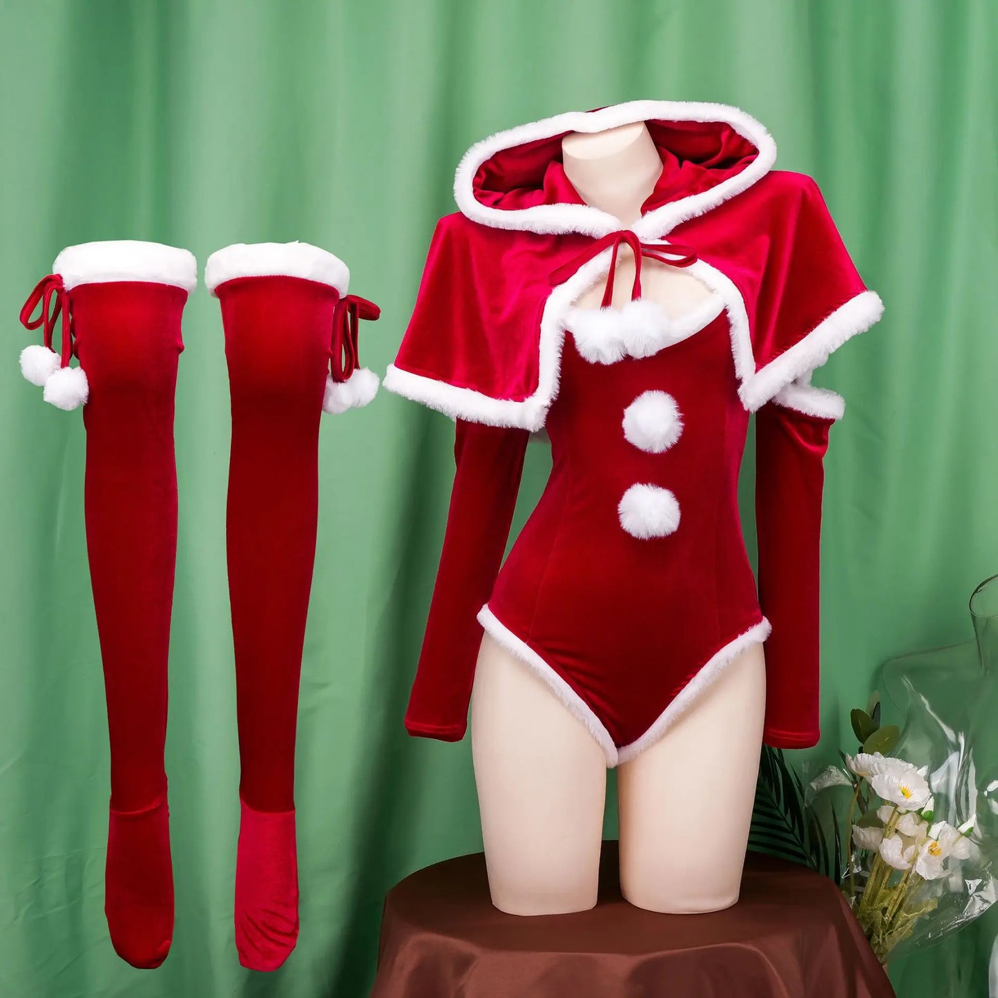 Anime Weihnachtsuniform-Bodysuit mit Umhang, roten Strümpfen, Outfits, Cosplay-Kostüme, Neujahrs-Plüsch-Nachthemd, Unterwäsche-Outfits