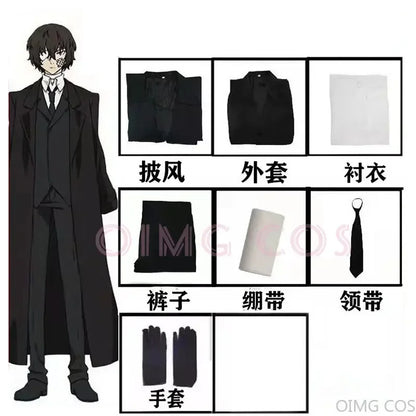 Dazai Osamu Cosplay-Kostüm Bungo Stray Dogs Mann und Frau Trenchcoat Schwarze Uniformanzüge Unisex Perückenzubehör