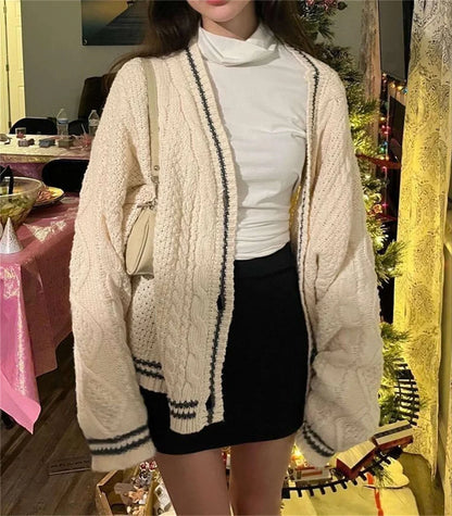 Cardigans tricotés amples pour femmes, manteau d'hiver, broderie d'étoiles, pulls Y2K, streetwear, vintage, décontracté, simple boutonnage, haut à manches longues