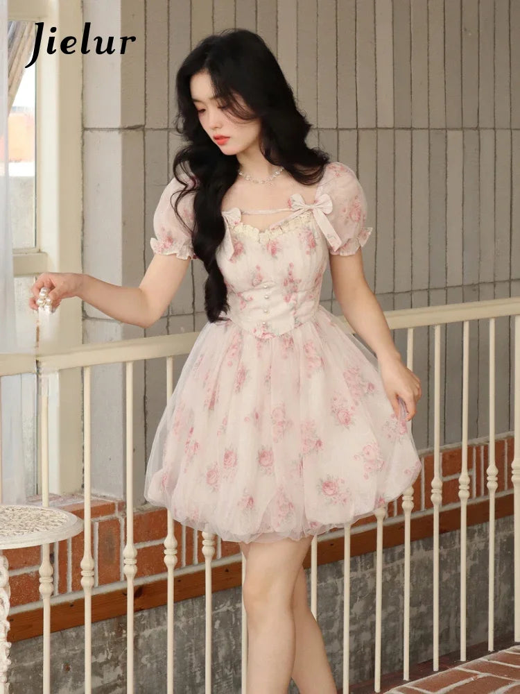 Jielur Lolita Pink Y2k Mini Dress Woman Beach Short Sleeve Floral Dress New Korean Fashion Casual Sweet Short Party Dress Summer