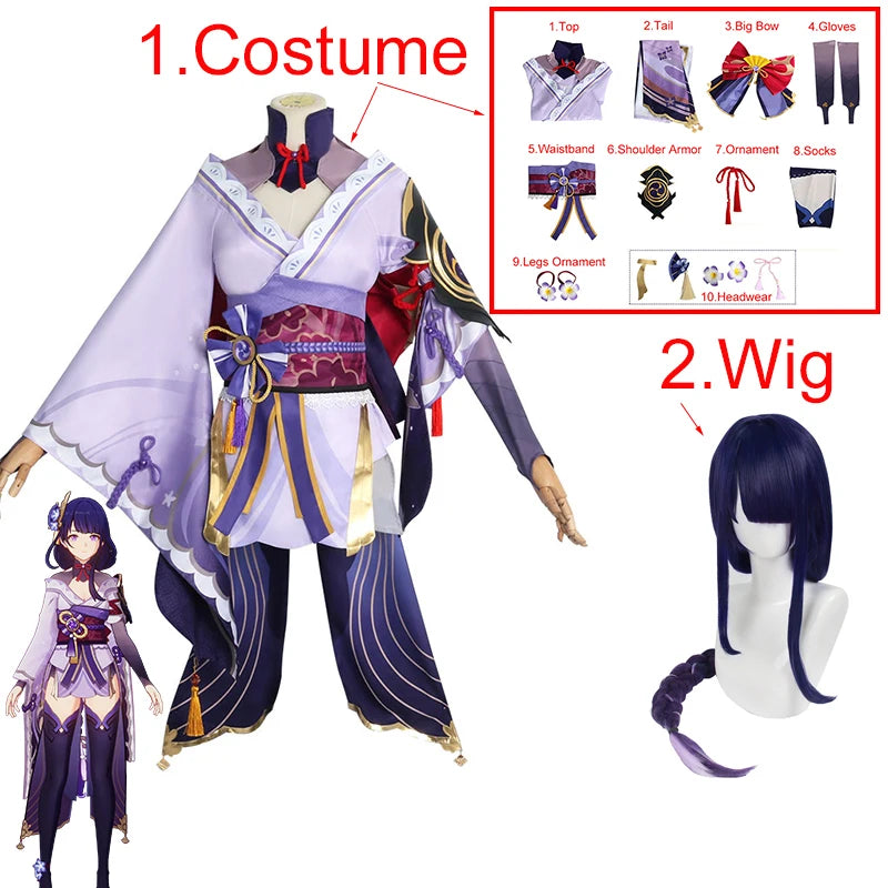 Genshin Impact Raiden Shogun Beelzebul Cosplay Costume Halloween Femmes Queue De Cheval Perruque Vêtements Y Compris Gants Chaussettes Bijoux