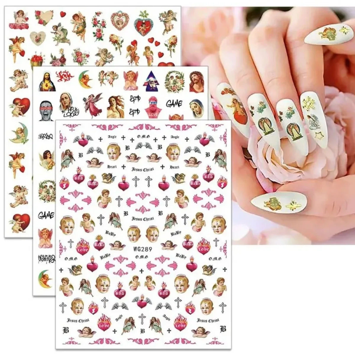 Nagelaufkleber mit Engelsblumenmuster, Amor, selbstklebende Nagelaufkleber, 3D-DIY-Tipps, Nagelkunst-Dekorationen, Nageldesign, Maniküre-Wrap