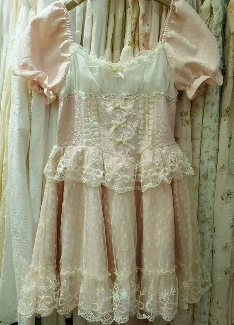 Robe japonaise Kawaii Lolita Jsk pour femmes, style gothique victorien, en dentelle, à volants, avec nœud, manches bouffantes, robe de princesse douce, mini robe de soirée