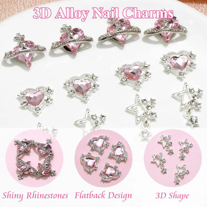 Lot de 15 breloques pour nail art en forme de cœur en cristal, breloques roses brillantes en forme de planète, breloques en alliage 3D en forme d'étoile, breloques pour ongles en diamant à dos plat brillant