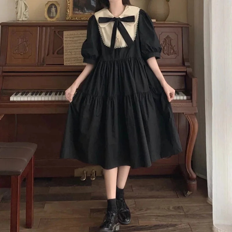 CGC Vintage Doll Collar Elegant Dresses For Women 2024 Preppy Style Puff Sleeves Kawaii Lolita Dress Korean Fashion Midi Dresses