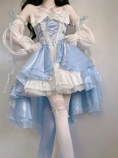 Lolita-Op im französischen romantischen Stil, elegantes Mädchen, Cosplay, Prinzessin, Puffärmel, Schleife, Schleife, Blumentunika, Netz, fantastisches Feenkleid