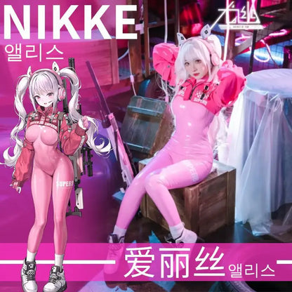 Costume de cosplay Nikki Alice pour femme, combinaison avec gants d'oreille, perruque, combinaison en latex, combinaison, veste