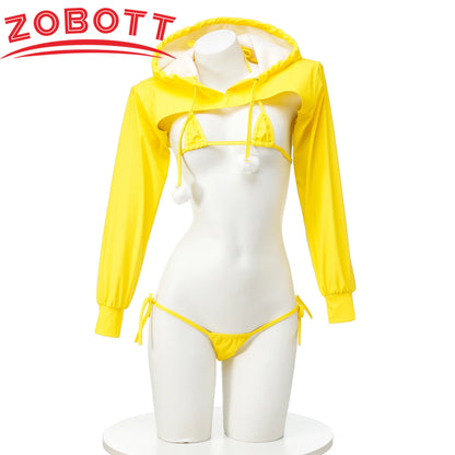 Anime Pu Leder Bikini Set Hoodie Top Cosplay Kostüm Sexy Japanische Mädchen Unterwäsche Nachthemd Rollenspiel Student Outfits Dessous