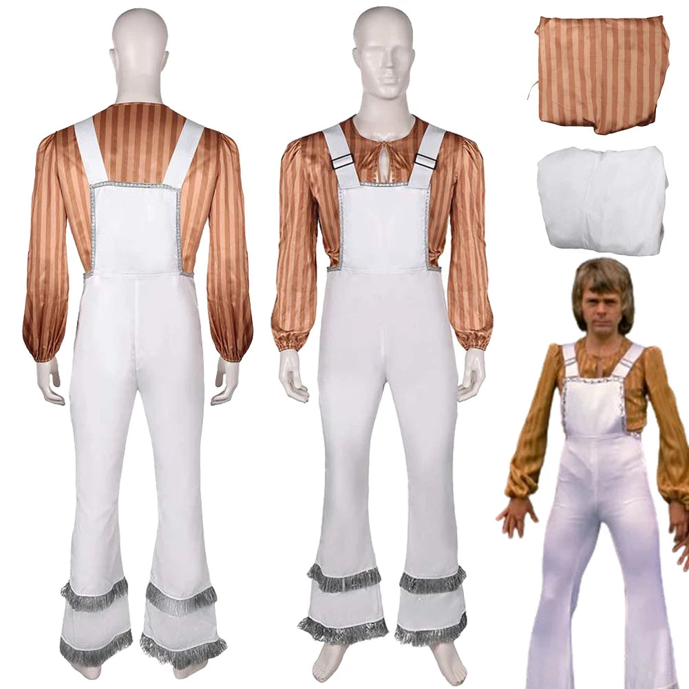 ABBA Cosplay 70s Men Fantasia Costume Benny Bjorn Cosplay ABBA 70s Disguise For Men Male Costume Vintage Shirt Strap Jumpsuit