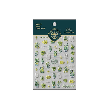 1Pcs Joli Chat Vert Plante En Pot Fleurs Ongles Autocollants 5D Reliefs Auto-Adhésifs Nail Art Autocollants Manucure Décorations Décalcomanies