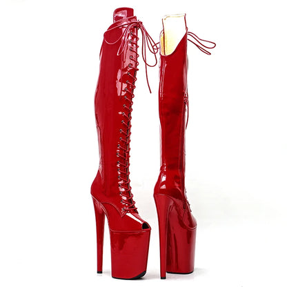 Leecabe 23CM/9 zoll Rot farbe Patent PU Oberen mode dame kleine offene spitze High Heel plattform Pole Dance stiefel