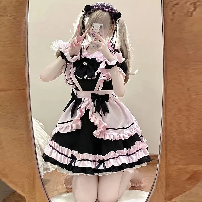 Robe Lolita noire et rose mignonne française, tenue de femme de chambre, costume de chat girly doux avec nœud, robes de bal d'anniversaire, robe d'été pour fille