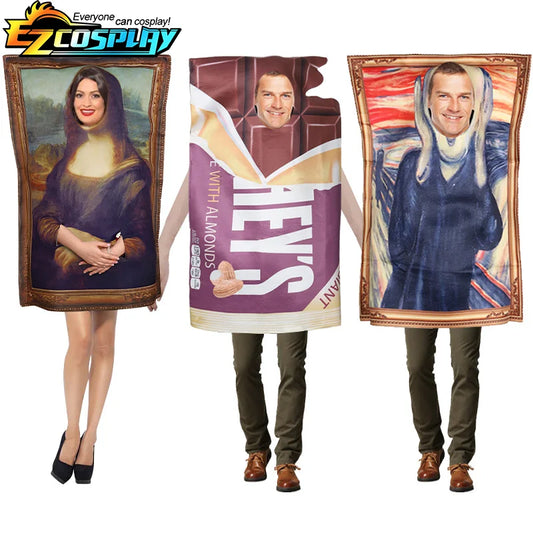 Lustiges Paar-Outfit für Erwachsene, Mona Lisa-Wandbild, Schokolade und Erdnussbutter-Kostüme, Snack-Schwamm-Overall, Halloween-Karnevalskleid