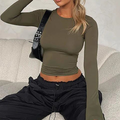 Casual Langarm T Shirt Frauen Frühling O Neck Solid Slim Fit Pullover T-shirts Weibliche Pullover Basic Tee Y2k Kleidung Crop Tops