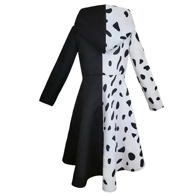 Costume Cruella Deville pour filles, combinaison dalmate noire, robe de fête d'Halloween, cosplay, pour filles de 4 à 12 ans