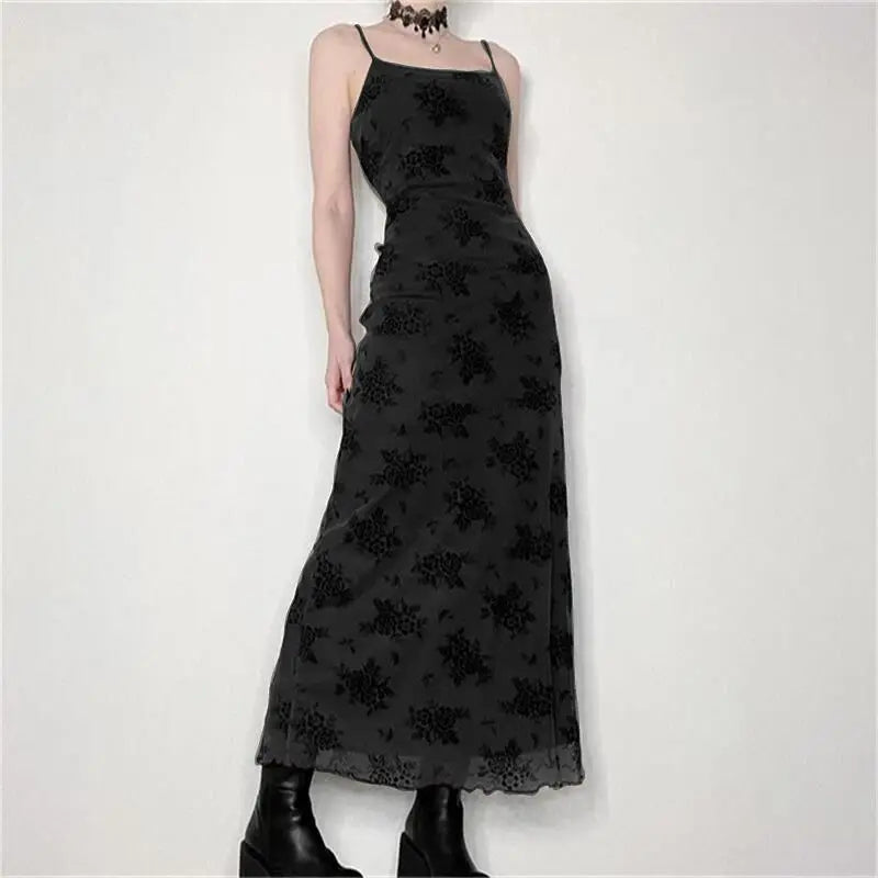 Robe d'été noire gothique pour femmes, streetwear, lolita, imprimé floral, sans manches, maille, patchwork, robe sexy, soirée, club, robes élégantes